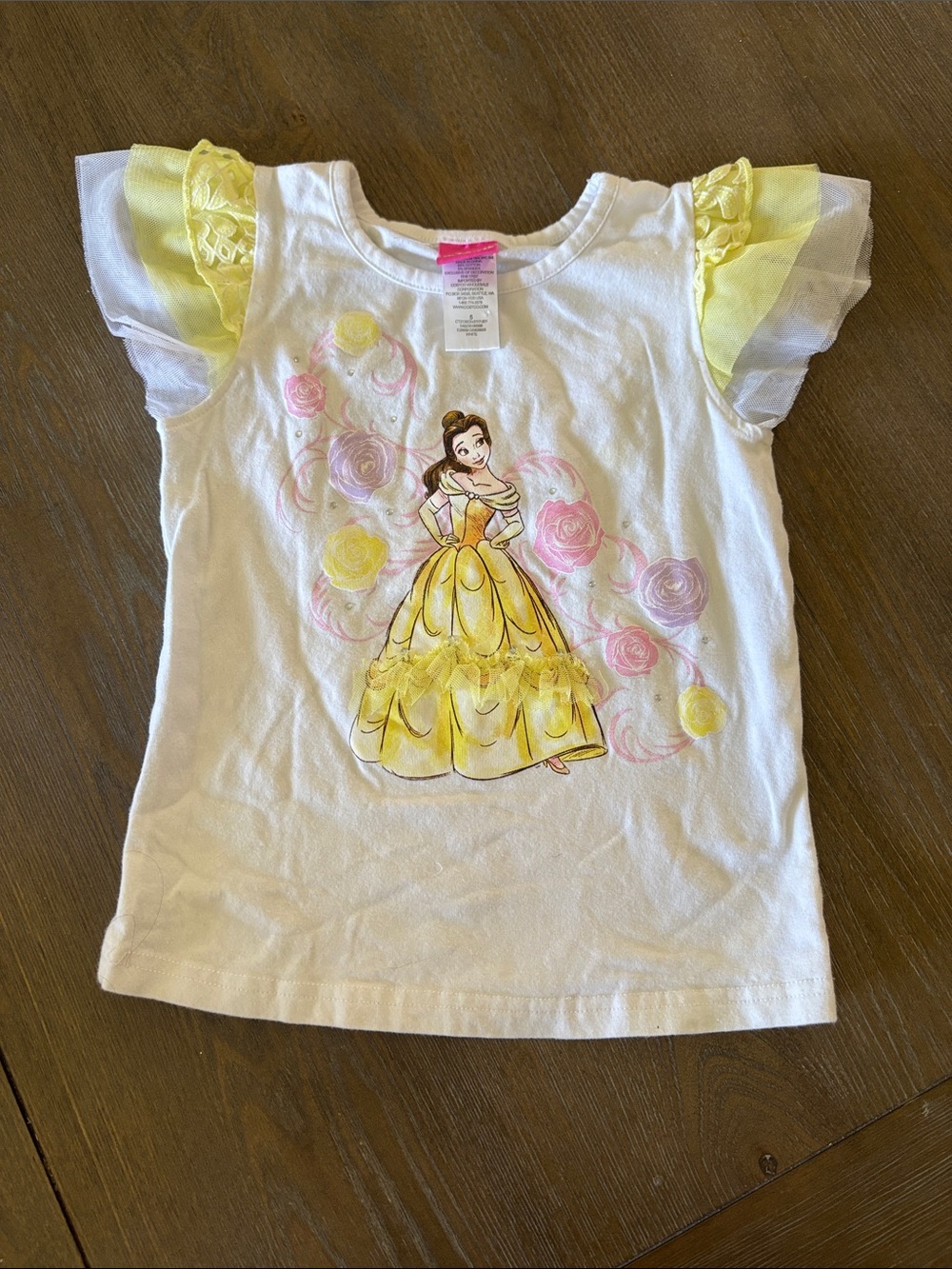 Disney White Tee with Yellow Ruffle Sleeves and Princess Print